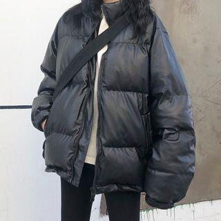 Faux Leather Zip Padded Coat Black - One Size