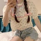 Puff-sleeve Lace Trim Floral Cropped Blouse Pink & Green & White - One Size