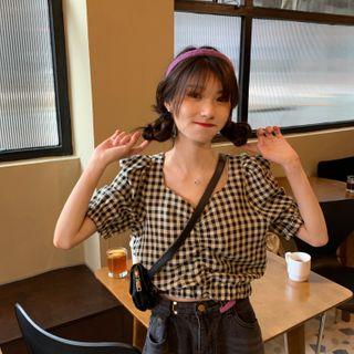 Shirred-front Short-sleeve Gingham Cropped Blouse