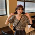 Shirred-front Short-sleeve Gingham Cropped Blouse