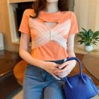 Short-sleeve Mesh Bow Cutout T-shirt