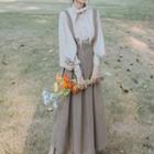 Set: Tie-neck Lantern-sleeve Blouse + A-line Midi Jumper Skirt