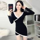 Long-sleeve Contrast-trim Mini Sheath Dress