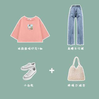 Short-sleeve Graphic Print T-shirt / Slit Hem Jeans