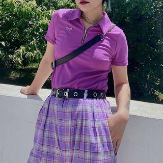 Butterfly Embroidered Zip Short-sleeve Knit Polo Shirt