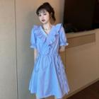 Short-sleeve Ruffle A-line Dress Blue - One Size