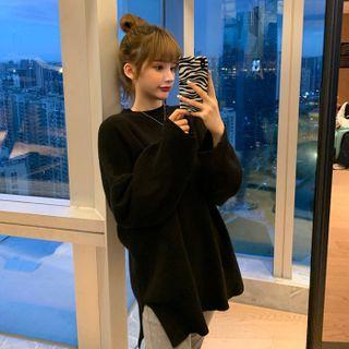 Long-sleeve Plain Side-slit Knit Top
