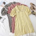 Short-sleeve Frill Trim Gingham Perforated Buttoned A-line Mini Dress