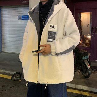 Lettering Patch Hooded Zip Fleece Jacket