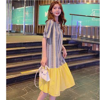 Striped Short-sleeve Midi Dress Yellow - One Size