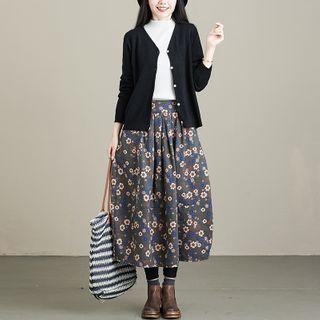 Floral Midi A-line Skirt Floral Print - Blue & Gray - One Size