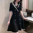 Elbow-sleeve Double-breasted A-line Knit Dress