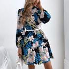 Floral Long-sleeve Half-button A-line Midi Dress