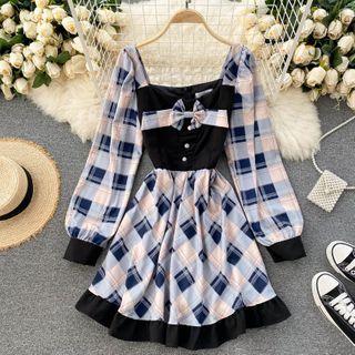 Bow Plaid Color Block Dress