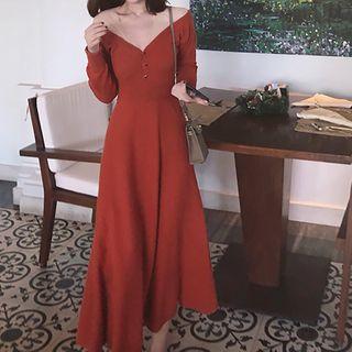 V-neck Maxi A-line Knit Dress