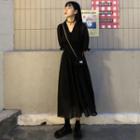 Plain Short-sleeve Chiffon Midi A-line Dress Black - One Size