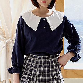 Puritan-collar Ruffle-cuff Blouse