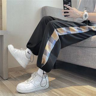 Plaid Panel Plain Straight Cut Drawstring Pants