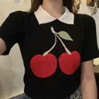 Short-sleeve Cherry Jacquard Knit Top Black - One Size