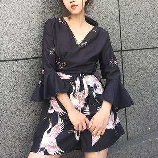 Bell 3/4-sleeve Printed Wide-leg Playsuit