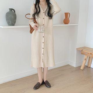 Long-sleeve Knit Buttoned Midi A-line Dress