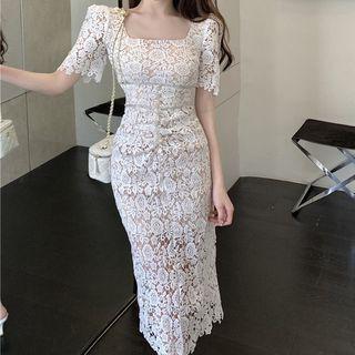 Short-sleeve Square-neck Lace Midi Sheath Dress