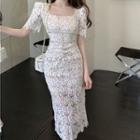Short-sleeve Square-neck Lace Midi Sheath Dress