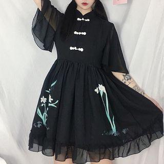 Mandarin Collar Floral Print Short-sleeve Mesh A-line Dress