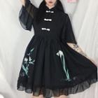 Mandarin Collar Floral Print Short-sleeve Mesh A-line Dress