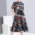 Patterned Short-sleeve A-line Midi Polo Dress As Shown In Figure - One Size