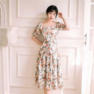 Floral Print Puff-sleeve A-line Midi Dress