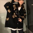 V-neck Bear Print Knit Cardigan
