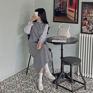 Contrast-sleeve Gingham Long Dress