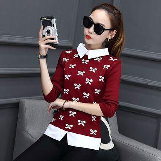 Bow Print Mock Two-piece Knit Top
