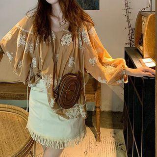 Embroidered Blouse / Fringed Trim Mini A-line Skirt