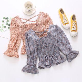 Floral Print Bell-sleeve Peplum Chiffon Blouse