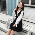Long-sleeve V-neck Color-block A-line Dress