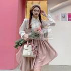 Long-sleeve Stand-collar Lace Blouse / A-line Overall Dress