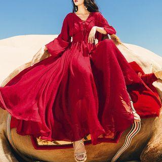 Lace Up Long-sleeve Midi A-line Dress