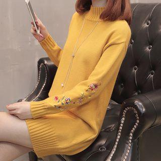Embroidered Mock Neck Mini Knit Dress