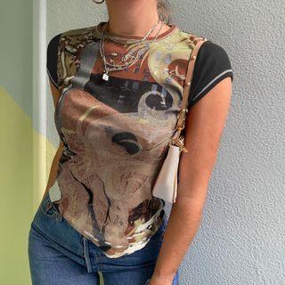 Cap-sleeve Print Mesh Top