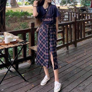 Elbow-sleeve Lettering Print T-shirt / Tie-waist Plaid Slit-hem A-line Skirt
