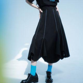 Contrast Stitching Asymmetrical Midi A-line Skirt