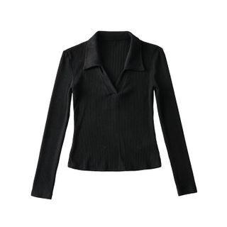 Long-sleeve V-neck Collared T-shirt