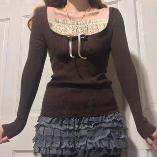 Long Sleeve Mock Two Piece Lace Paneled Top