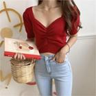 Puff-sleeve Shirred Knit Top