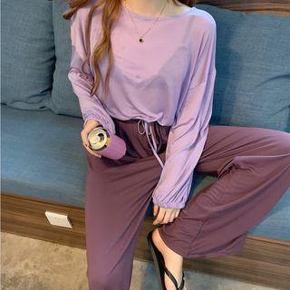 Plain Long-sleeve Loose-fit Top / High-waist Pants