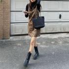 Wool Leopard-print Sleeveless Mini Dress / Mock-neck Plain Top