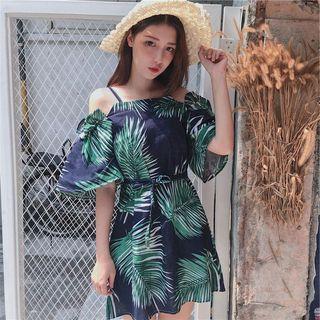 Leaf Print Cold Shoulder A-line Dress