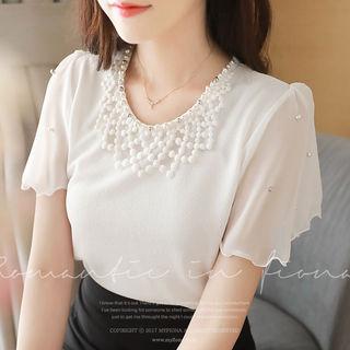 Beaded-neckline Short-sleeve Chiffon Top